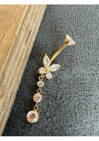 316 L Cerrahi Çelik Zirkon Taşlı Sallantılı Kelebek Model Göbek Piercingi Rose Gold - Şeffaf