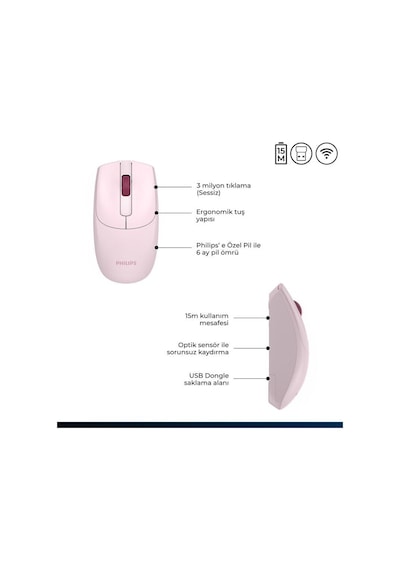 Philips Uyumlu  Spk7398p Kablosuz 1600dpı Sessiz Optik Mouse Pembe Diğer