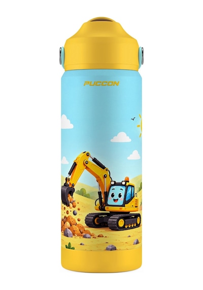 Puccon 540 Ml İş Makinesi Baskılı Sarı - Mavi Erkek Çocuk Pipetli Çelik Termos Matara/suluk - 60046