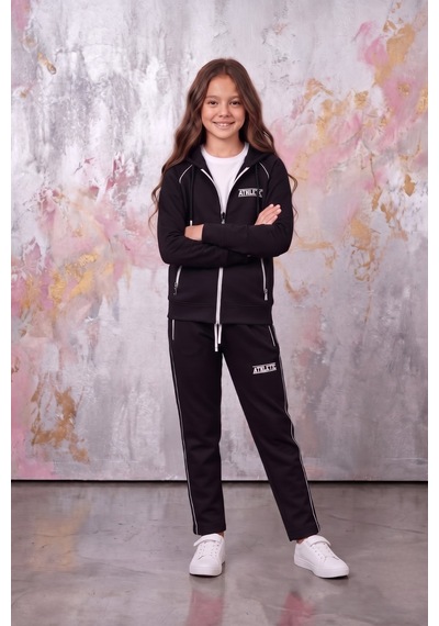 Pina Kids Kız Çocuk Atheletic Reglan Kol Kapüşonlu Düz Paça Dalgıç Kumaş Eşofman Takımı Esf7018 siyah