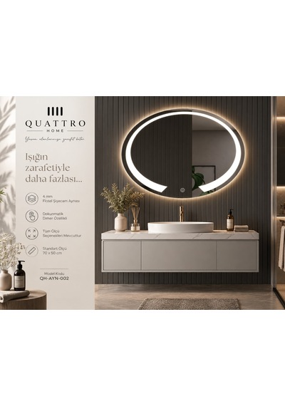 Kesik Oval Işıklı Banyo Aynası 70 50 100-80 Çap Açık Gri