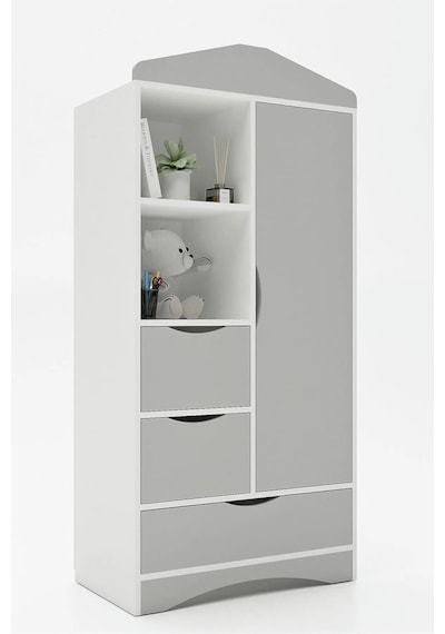 Floradesign Gardırop / Elbise Dolabı / Çocuk Genç / Raflı Ve Çekmeceli Gri Beyaz