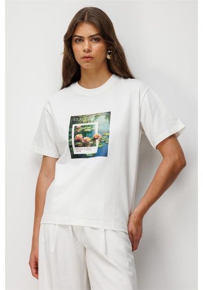 Mizalle Monet Water Lilies Baskılı Suprem Beyaz T-shirt