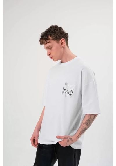Suma Beyaz Unisex Oversize Bisiklet Yaka Baskılı T-shirt - Xl