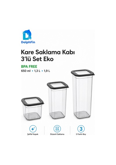 Kare Saklama Kabı 3'lü Set Siyah 650-1300-1900 Ml