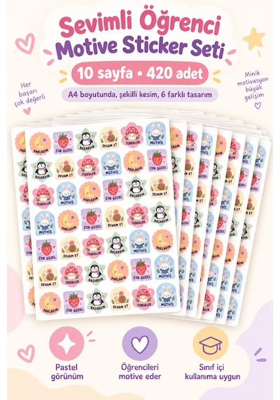 Sevimli Öğrenci Motivasyon Sticker Seti 420 Adet 10 Sayfa Tebrikler, Başardın, Devam Et Ve Ödül Etiketleri Çok Renkli