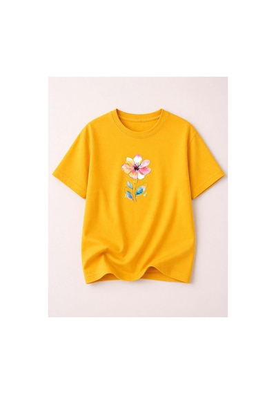 Herkesemoda Renkli Çiçek Baskı Detaylı Kadın Bisiklet Yaka Pamuklu T-shirt Sarı