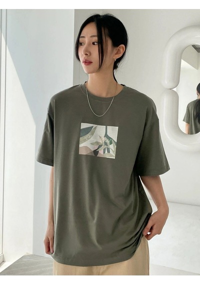 Flood Of Style Kadın Haki Çiçek Baskılı Oversize Bisiklet Yaka Tshirt