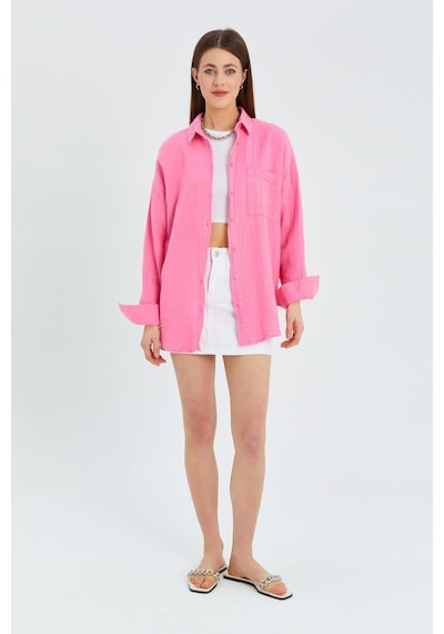 Mixray - 3833 Kadın Oversize Cepli Müslin Gömlek Pembe