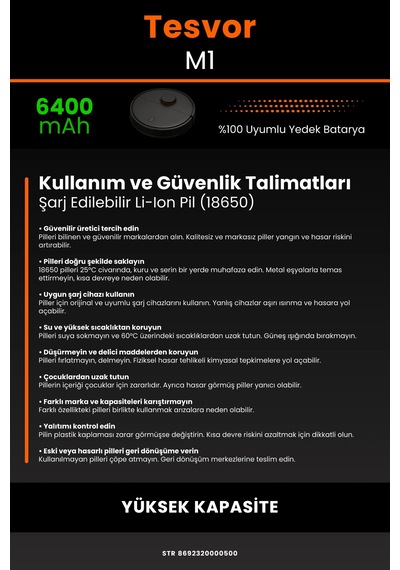 Tesvor M1 Uyumlu Lityum İyon Robot Süpürge Bataryası - Yüksek Kapasite 6400mah