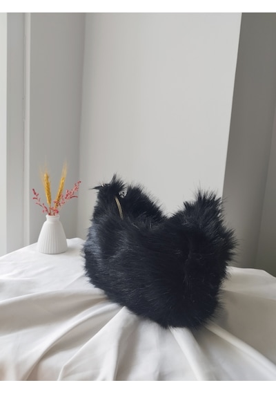 Vivazzaluxe Vintage Peluş Kürk Model Sonbahar, Kış Tote Bag Kadın El, Omuz, Çapraz Çanta Siyah