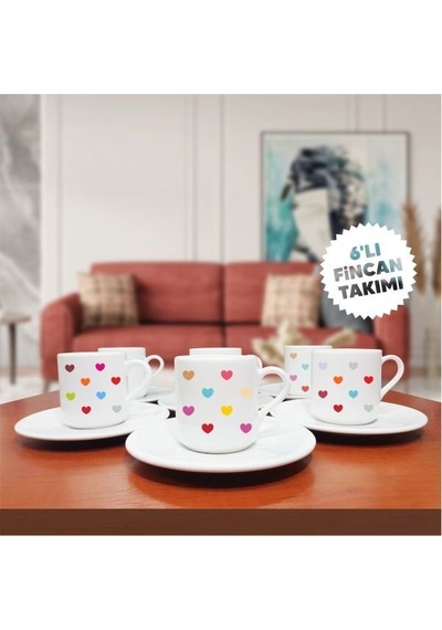 Renkli Kalpler Temalı 6'lı Kahve Fincan Seti-006