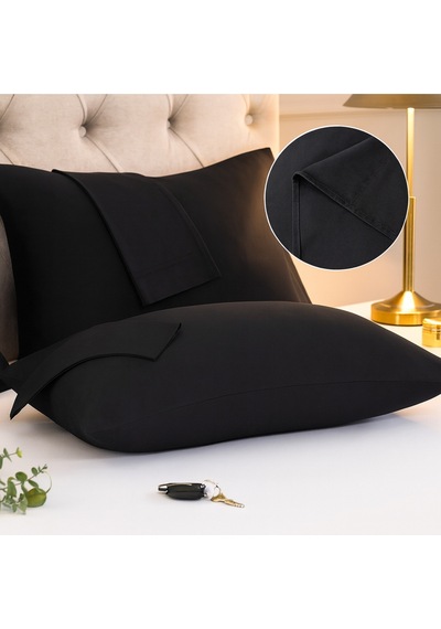 Siyah Pamuk Kumaş Kapaklı Yastık Kılıfı 2 Adet 50 X 70 Cm