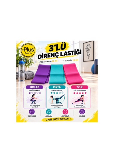 Hafif-orta-sert Direnç Pilates Bandı Seti 3'lü 90x7.5 Cm Çok Renkli Çok Renkli