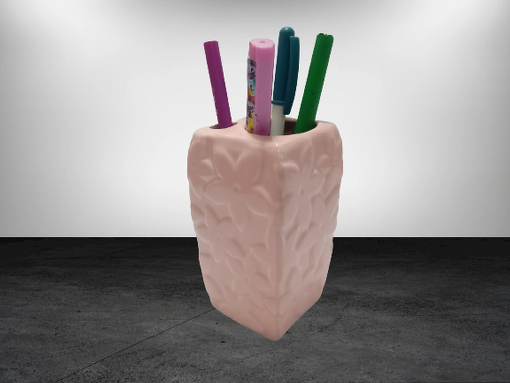 2 Adet Kalemlik Çiçekli Pembe Model Seramik Ofis Gereci 7x7x12cm Çok Renkli