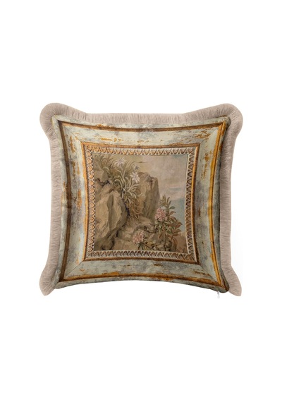 Vintage Antik Çerçeveli Saçaklı Yastık Kılıfı - Şato Rustik Bej Gri Vizon Püsküllü Kırlent Kılıfı Gümüş