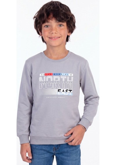 Onloox Erkek Gri Erkek Çocuk Gri Pamuklu Bisiklet Yaka Uzun Kollu Regular Kesim Yazı Baskılı Tişört 6-12 Yaş