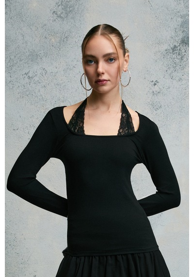 Grımelange Frıglınto Kadın Yumuşak Ve Esnek Kumaşlı Askılı Dantel Detaylı Slim Fit Siyah Bluz Siyah