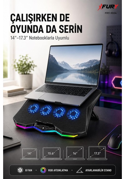 Fury E-sport Rgb Laptop Soğutucu 8 Fanlı Ayarlanabilir Standlı Notebook Soğutucu