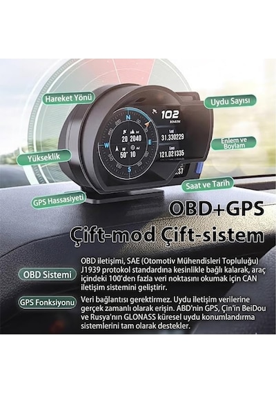 A520 Obd2 + Gps Head Up Display Hud, Dijital Hız Göstergesi, Rpm & Sıcaklık & Basınç Ta