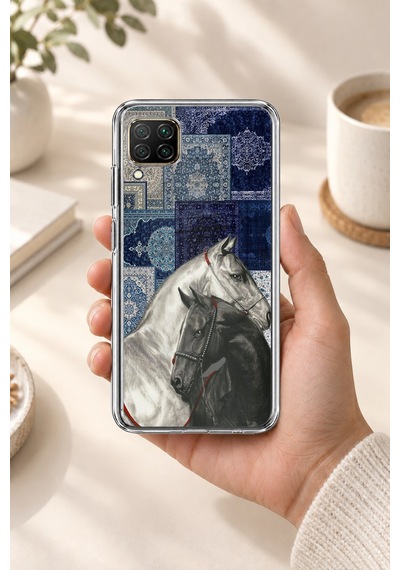 Huawei P40 Lite Uyumlu Mavi Kilim Desenli Siyah Ve Beyaz At Baskılı Silikon Kılıf