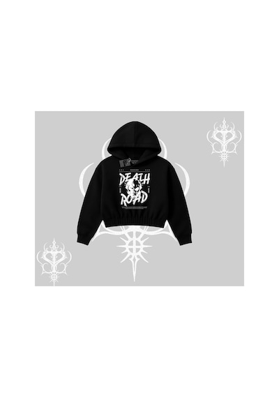 Tarzsokak Kapşonlu Crop Sweatshirt Death Road Memento Mori Street Manifest Siyah
