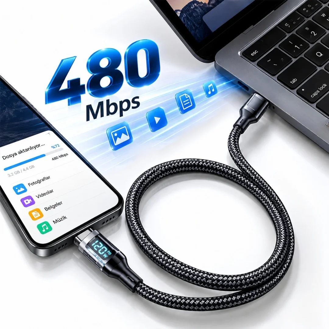 Usb Type C Hızlı Telefon Data Şarj Kablosu Led Ekranlı Dijital 120w Veri Kablosu 1 Metre