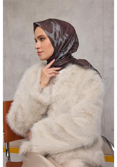 Silk Home Pamuk Polyester Soft Eşarp Yaprak Desen Kızıl Kahve 90x90 Çok Renkli