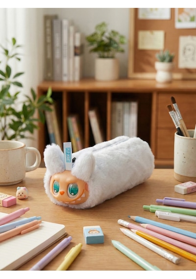 Sevimli Labubu Karakterli Tüylü Kalemlik Fermuarlı Yumuşak Kalem Kutusu Mavi Mavi