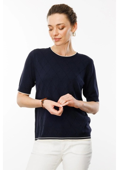 Desen Triko Kadın Sıfır Yaka Baklava Desenli T-shirt 25356 Lacivert Lacivert