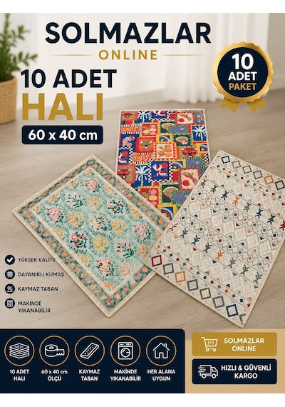 10 Adet 60x40 Cm Halı Seti Kaymaz Tabanlı Makinede Yıkanabilir Dekoratif Mini Halı Paspas Çok Renkli