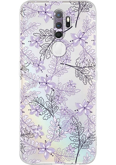 Oppo A5 2020 Uyumlu Kamera Korumalı Floral Lila Tasarımlı Şeffaf Silikon Kılıf