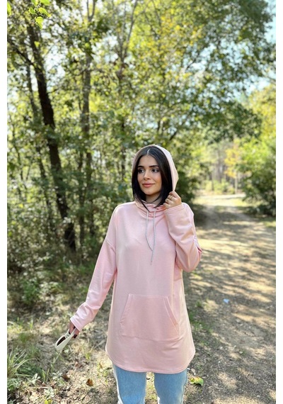 WeShaya Kadın Pudra Uzun Kol, Yakası Bağcıklı, Kapüşonlu, Kanguru Cep, Salaş, Uzun Tunik Sweatshirt Pudra