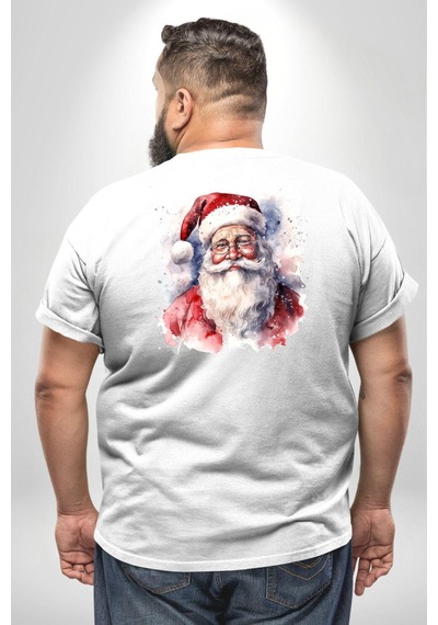 Angemiel Mutlu Noel Baba Yeni Yıl Tasarımı Büyük Beden Beyaz Tişört Kadın Erkek Ünisex Sırt Baskılı Beyaz