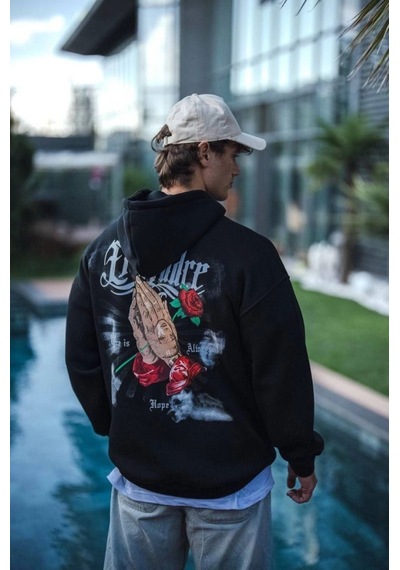 Yake Store Üç İplik Penye Kapşonlu Baskılı Sweatshirt - Siyah - Siyah