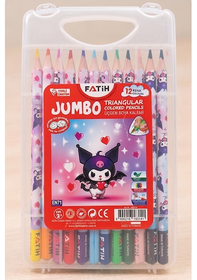 12 Li Jumbo Kuru Boya Kalemi Plastik Kutu 1 Paket Fatih Kuromi Figürlü Kalın 12 Renk Kuruboya Tam Boy Renkli Kalem Çok Renkli