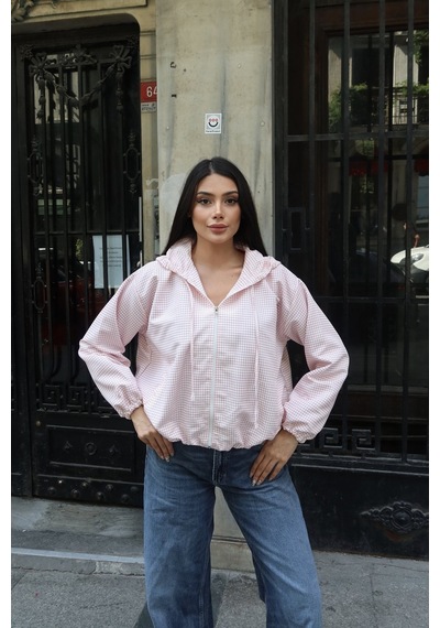 Kechi Woman Kareli Kumaş Astarlı Kapşonlu Ceket Pembe