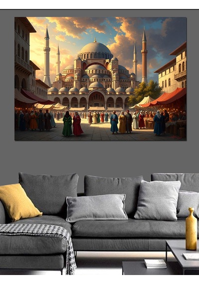İstanbul Camileri Ve Şehir Kalabalığı Dekoratif Kanvas - Mdf Ahşap Tablo