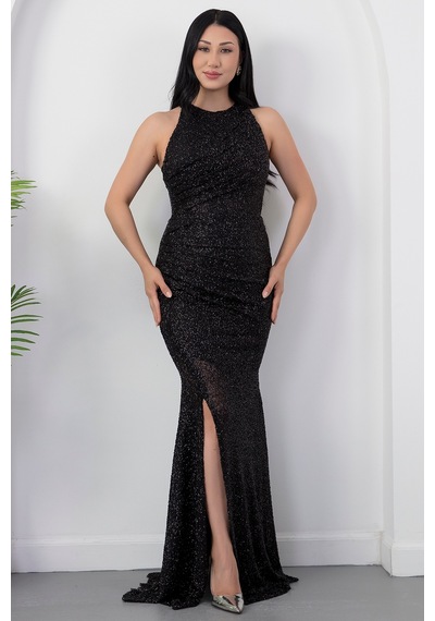 Kalopya Halter Yaka Yırtmaçlı Boncuklu Elbise 41099 Siyah