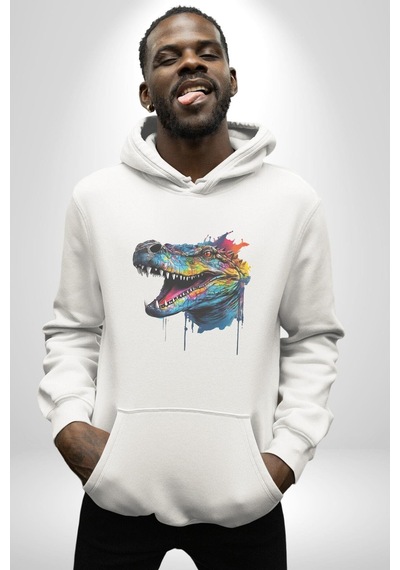 Timsah Renkli Kafası Kadın Erkek Beyaz Kapüşonlu Sweatshirt Hoodie Beyaz