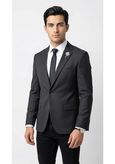 Plus Scorpion Erkek Blazer Ceket Twill Dokuma Likralı Notch Yaka 1 Düğmeli Çift Yırtmaçlı Slim Fit Siyah