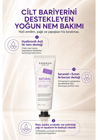 Purebien Skin Lab Natural El Kremi Seramid, Ectoin Ve Hyalüronik Asit İçeren Yoğun Nem Bakımı 50 Ml Diğer 02785743