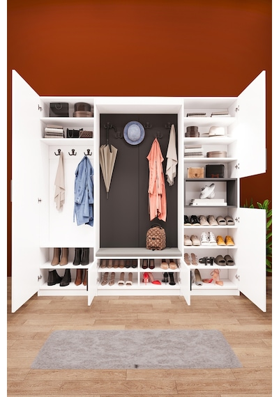 Lüks Puflu Aynalı Portmanto Askılı Vestiyer %100 Mdf Çok Raflı Modern Ayakkabılık V06 Beyaz - Antrasit Lüks Puflu Aynalı Portmanto Askılı Vestiyer %100 Mdf Çok Raflı Modern Ayakkabılık V06 Beyaz - Antrasit
