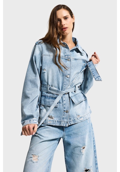 Kadın Ice 12s6-32 Oversize Kemer Detaylı Yırtık %100 Koton Denim Ceket Ice Rengi