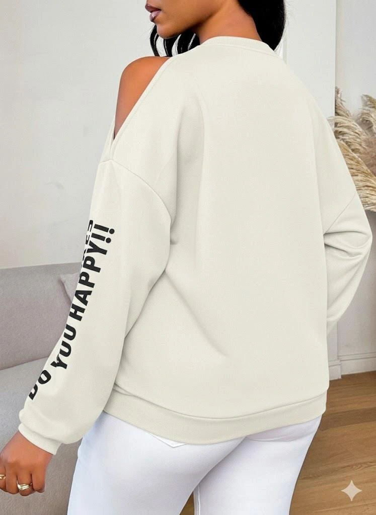Afri Premium 3 İplik Kumaş Ekru Sweatshirt Oversize Rahat Kalıp Siyah Minimal Baskılı Ekru
