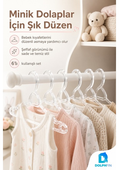 Kristal Bebe Askısı 6 Lı Bebek Çocuk Kıyafet Askısı Şeffaf Plastik Dolap Düzenleyici Askı Beyaz