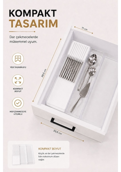 Çekmece İçi Bıçaklık Organizer Bölmeli Mutfak Düzenleyici Beyaz S-11029