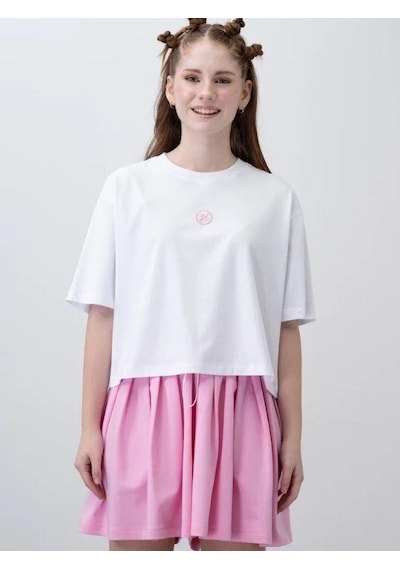Zekids Kız Çocuk Pileli Şort T-shirt Tasarım Takım-15778 Beyaz