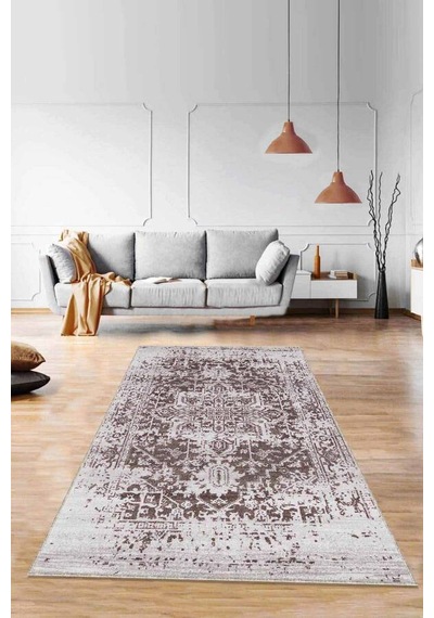 Kahverengi Vintage Kaymaz Tabanlı Dekoratif Halı Rv300n11