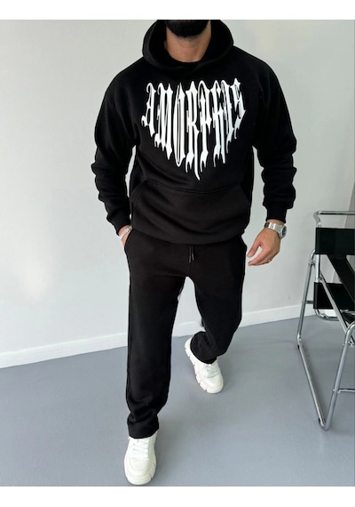 Uzun Kol Kapşonlu Baskılı Sweatshirt - Siyah Siyah